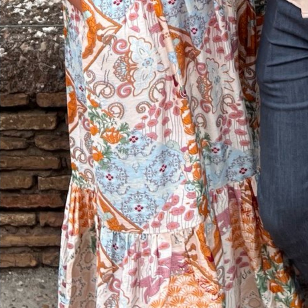 Boho Floral Tiered Maxi Skirt in Cream, Blue & Orange